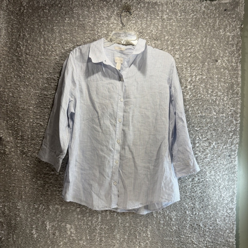 Chico's No-Iron Button Down Shirt Women 2, L 3/4 Sleeve Career Preppy Coastal